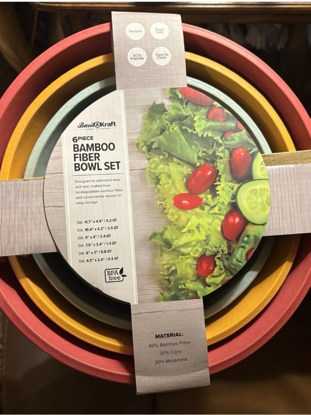 6-Piece Bamboo Fiber Bowl Set - Multicolor (Red, Yellow, Green, Gray, Cream)